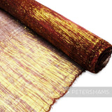 Petershams Millinery Supplies lurex threaded silk abaca fabric in deep red with gold metallic threads, 99cm wide.