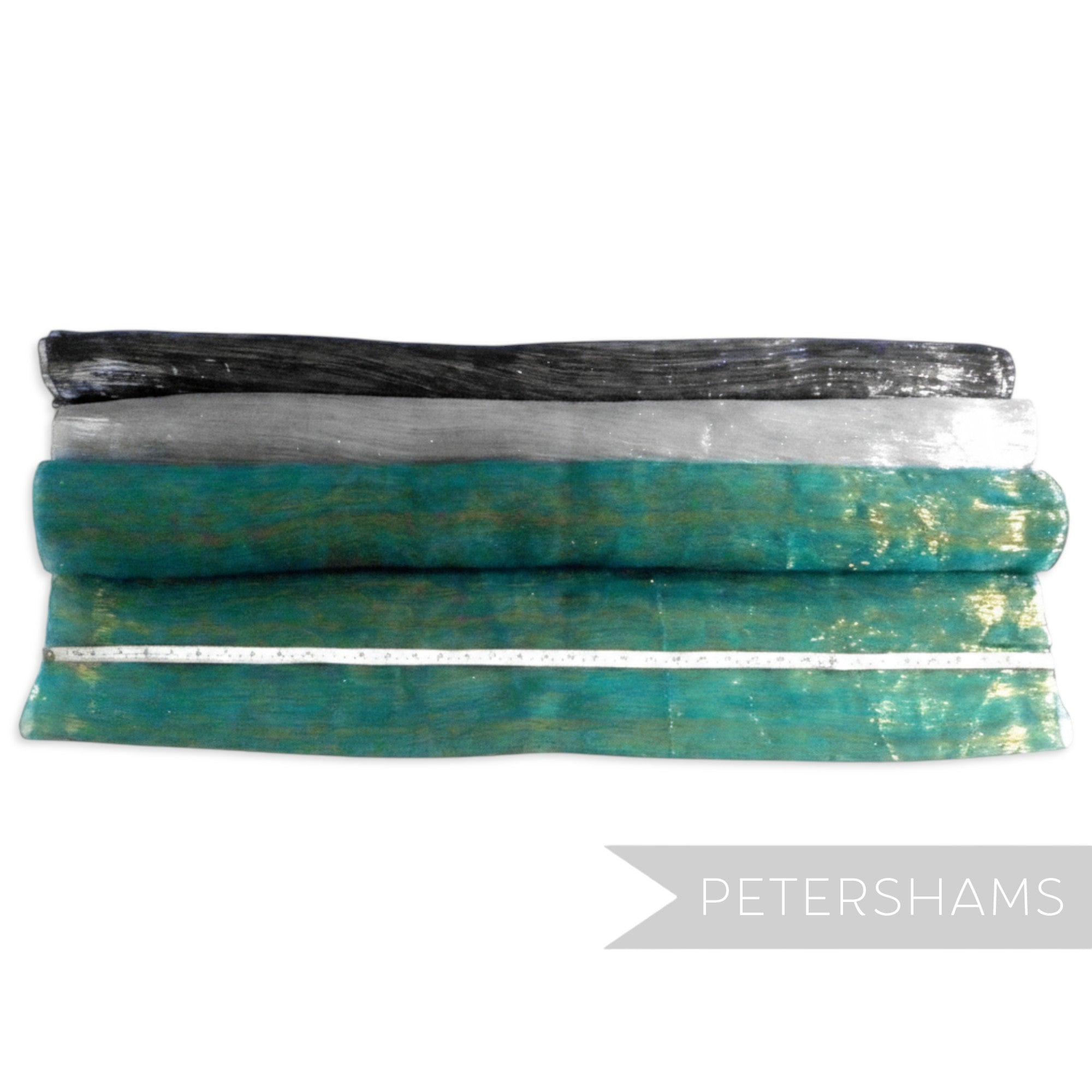 Petershams Millinery Supplies lurex threaded silk abaca fabric in teal, grey, and black. Shiny, sheer, wavy weave.