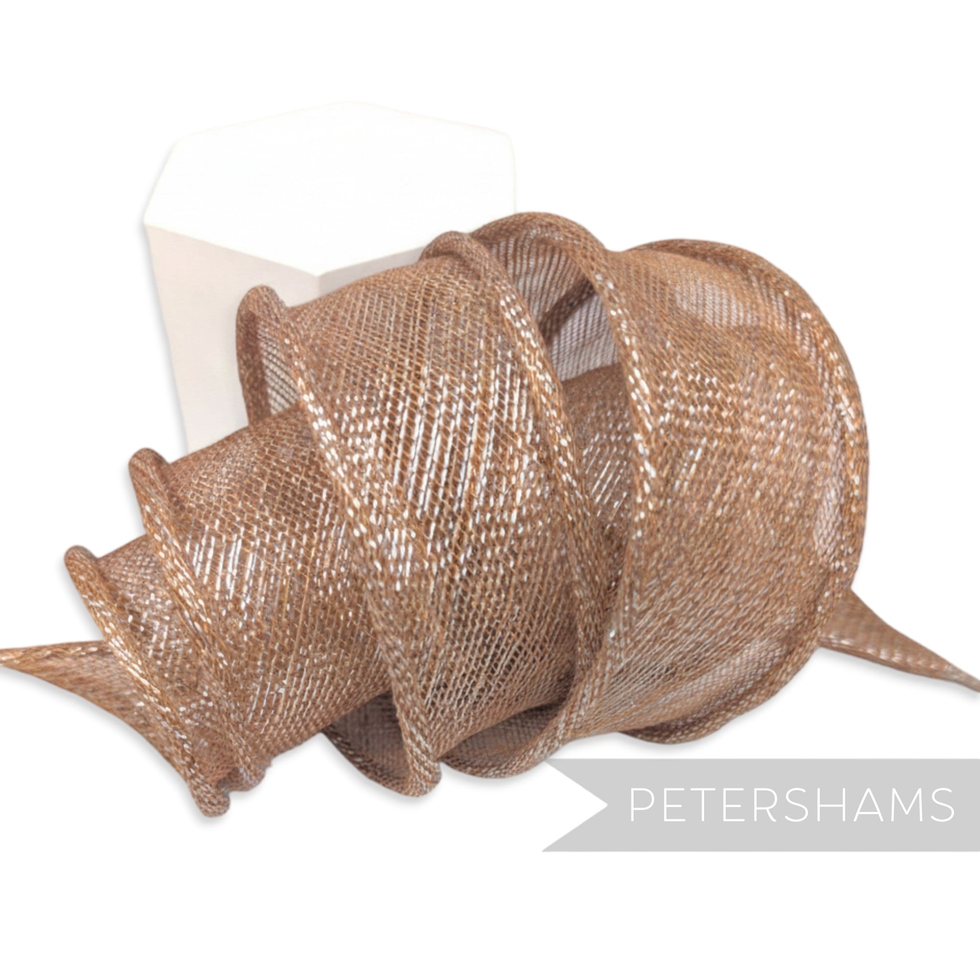 Petershams Millinery Supplies bronze metallic lurex sinamay ribbon trim with hand-rolled edges, perfect for hat making.