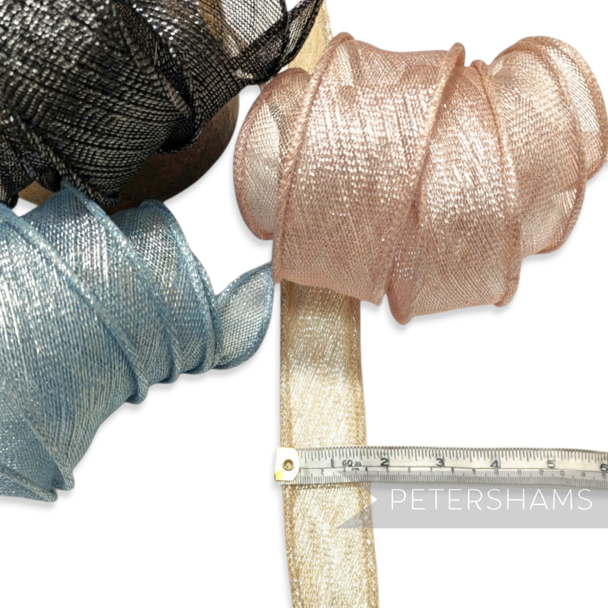 Petershams Millinery Supplies metallic lurex sinamay ribbon trim in rose gold, sky blue, and black. Hand-rolled edges, tapered ends.