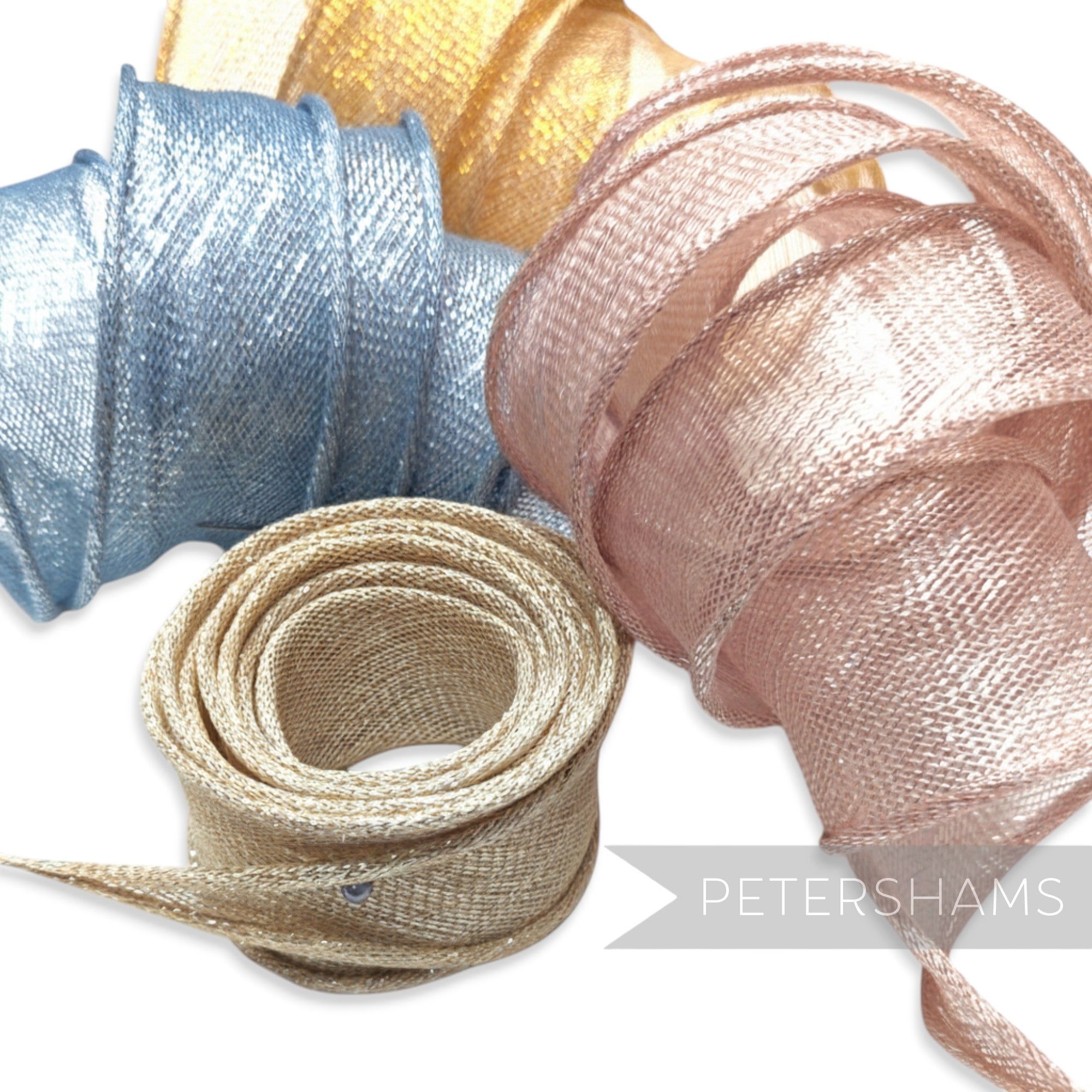 Petershams Millinery Supplies metallic lurex sinamay ribbon trim in blue, pink, and gold. Hand-rolled edges, tapered ends.
