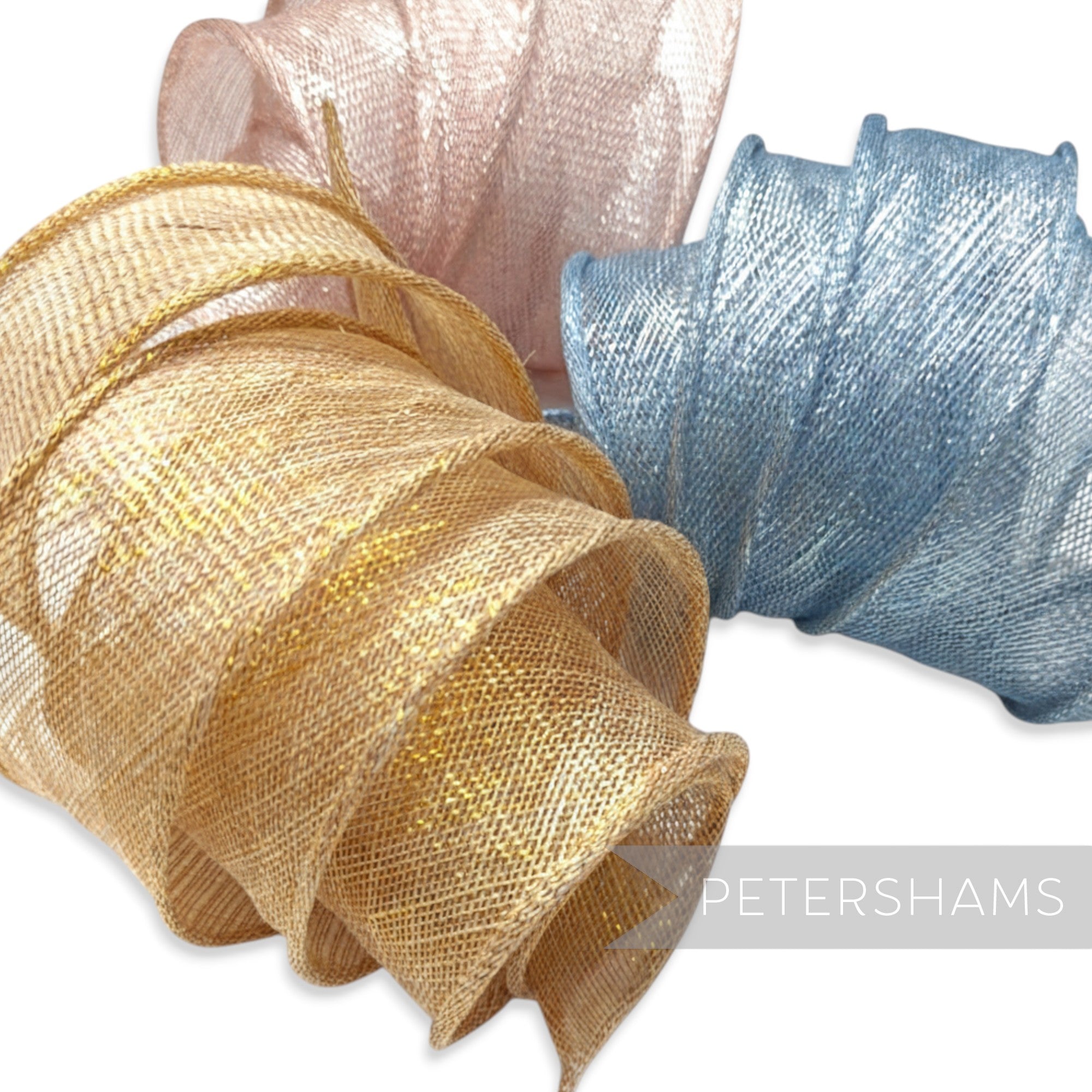 Petershams Millinery Supplies metallic lurex sinamay ribbon trim in gold, pale pink, and sky blue. Hand-rolled edges, tapered ends.