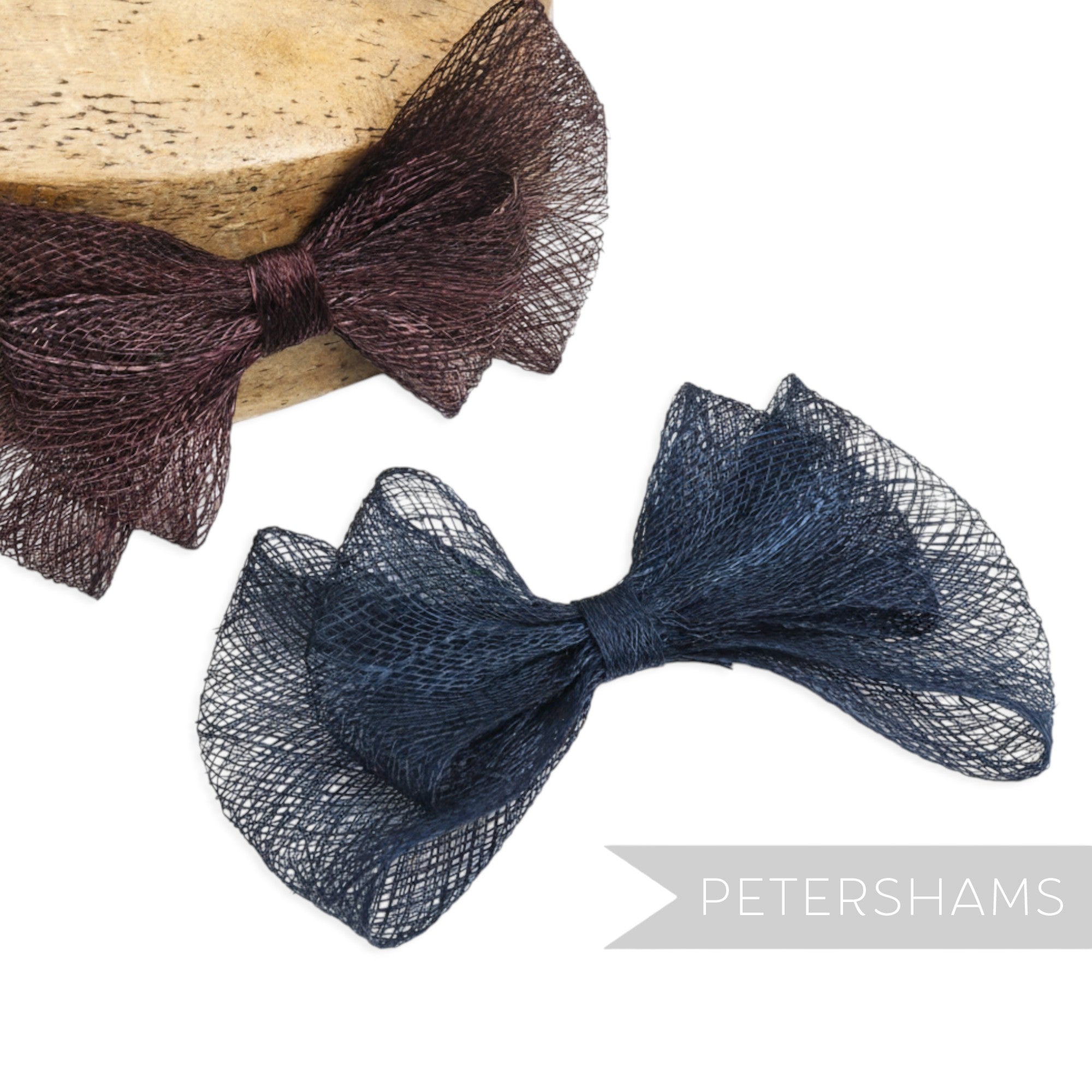 Petershams Millinery Supplies 'Mia' 15cm double petite sinamay bow in navy and burgundy. Handwoven straw trim.