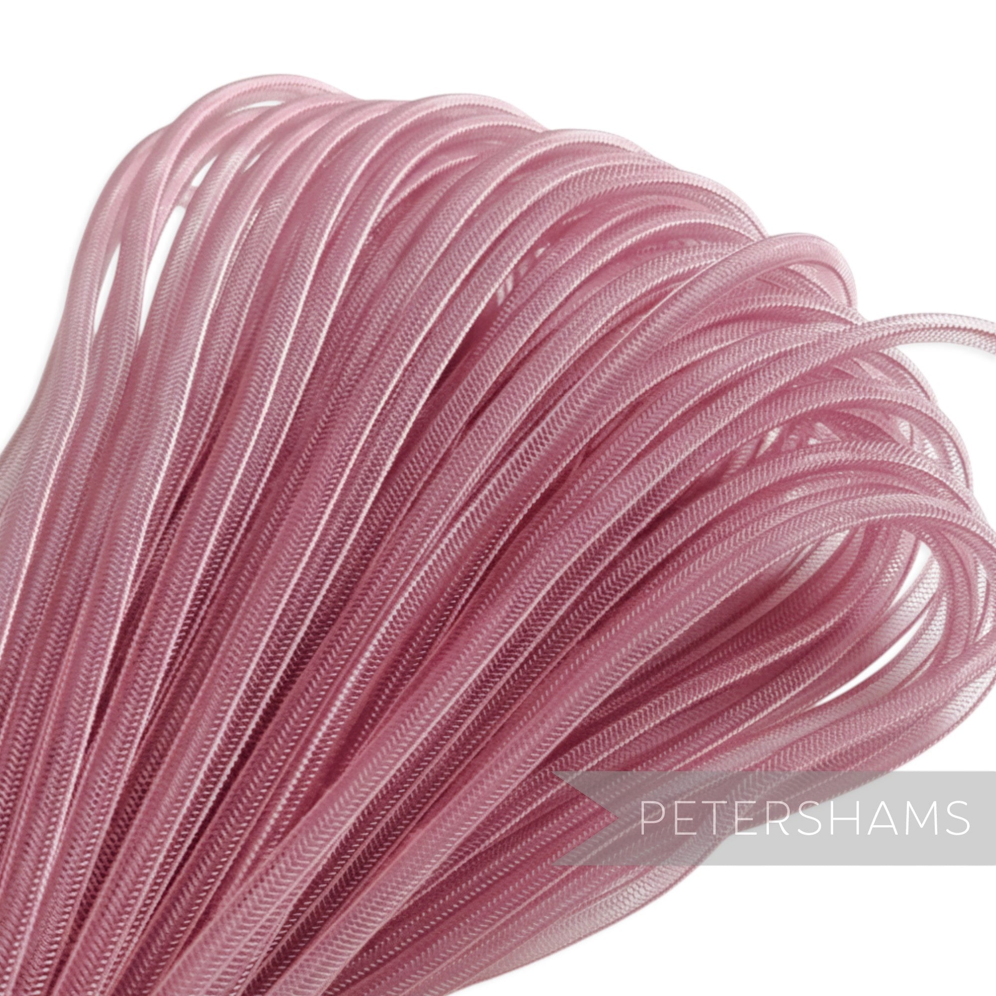 Petershams Millinery Supplies 4mm pink tube crinoline trim, slightly sheer with a gathered thread.