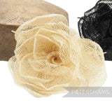 Petershams Millinery Supplies beige sinamay cabbage rose flower hat mount with wired leaf.