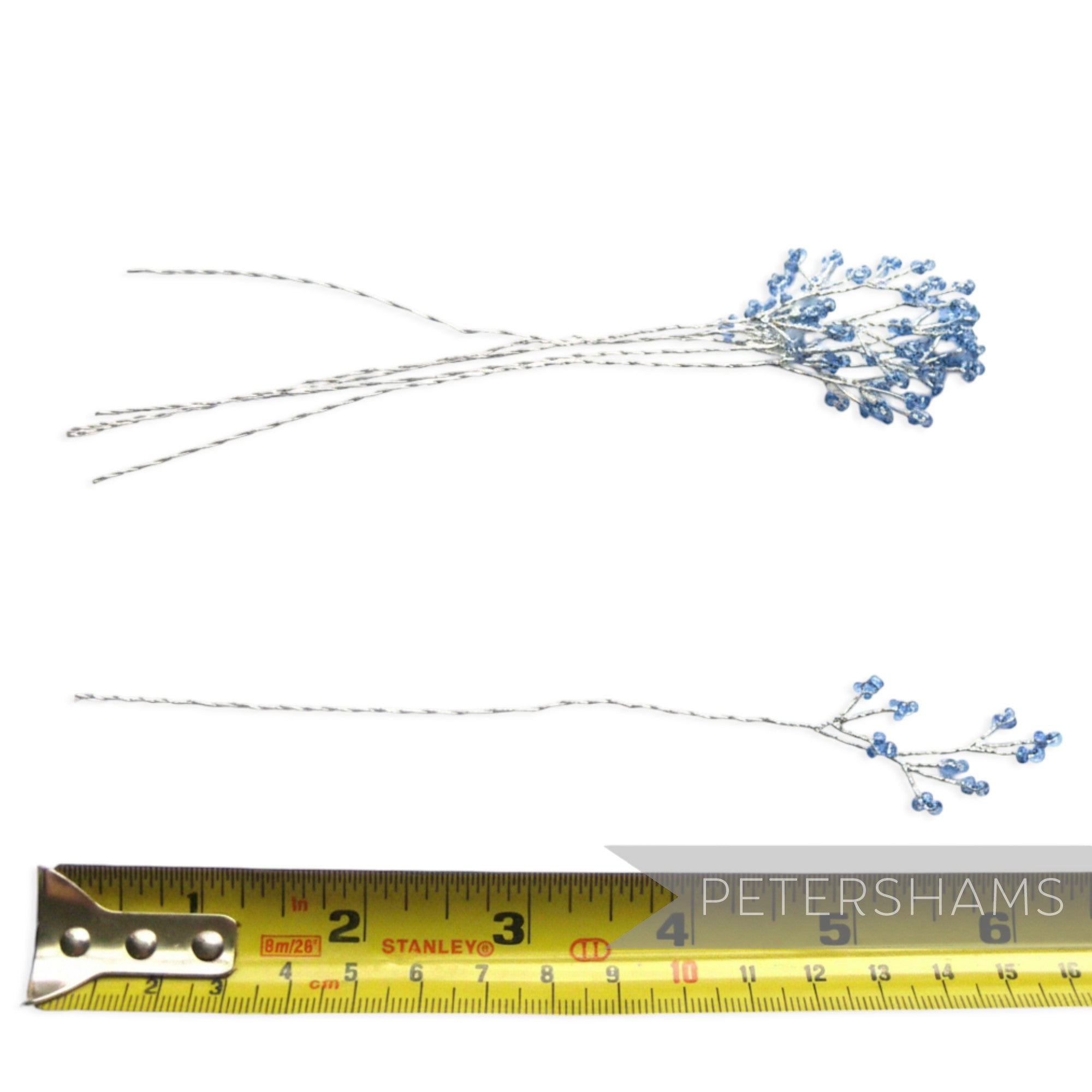 Petershams Millinery Supplies blue seed bead wired tree stems with silver wire, 6 stems, 16cm length.