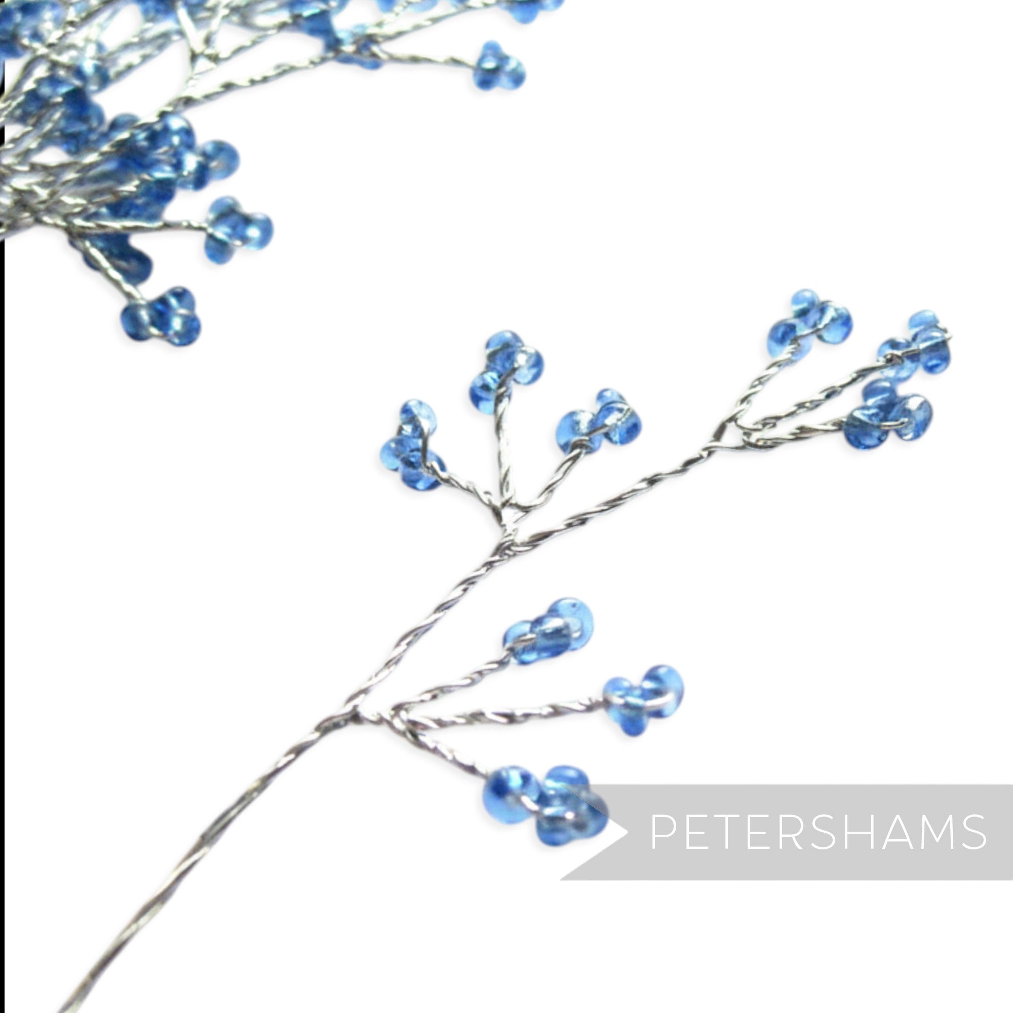 Petershams Millinery Supplies blue seed bead wired tree stems with silver wire, 6 stems for crafts.
