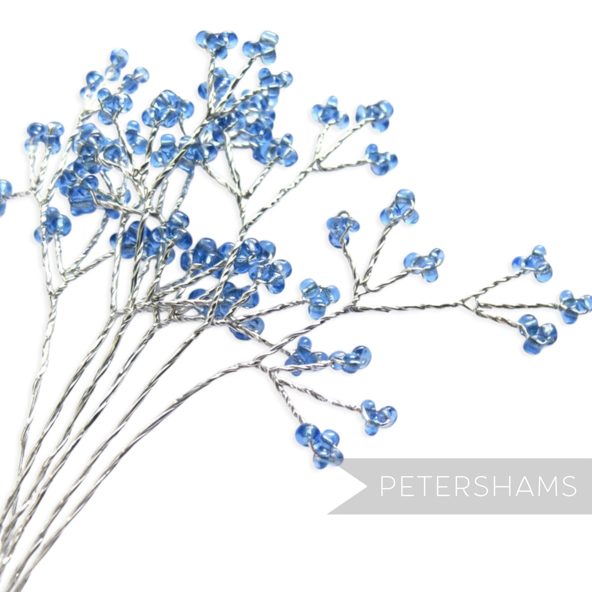 Petershams Millinery Supplies blue seed bead wired tree stems with silver wire, ideal for fascinators and bouquets.