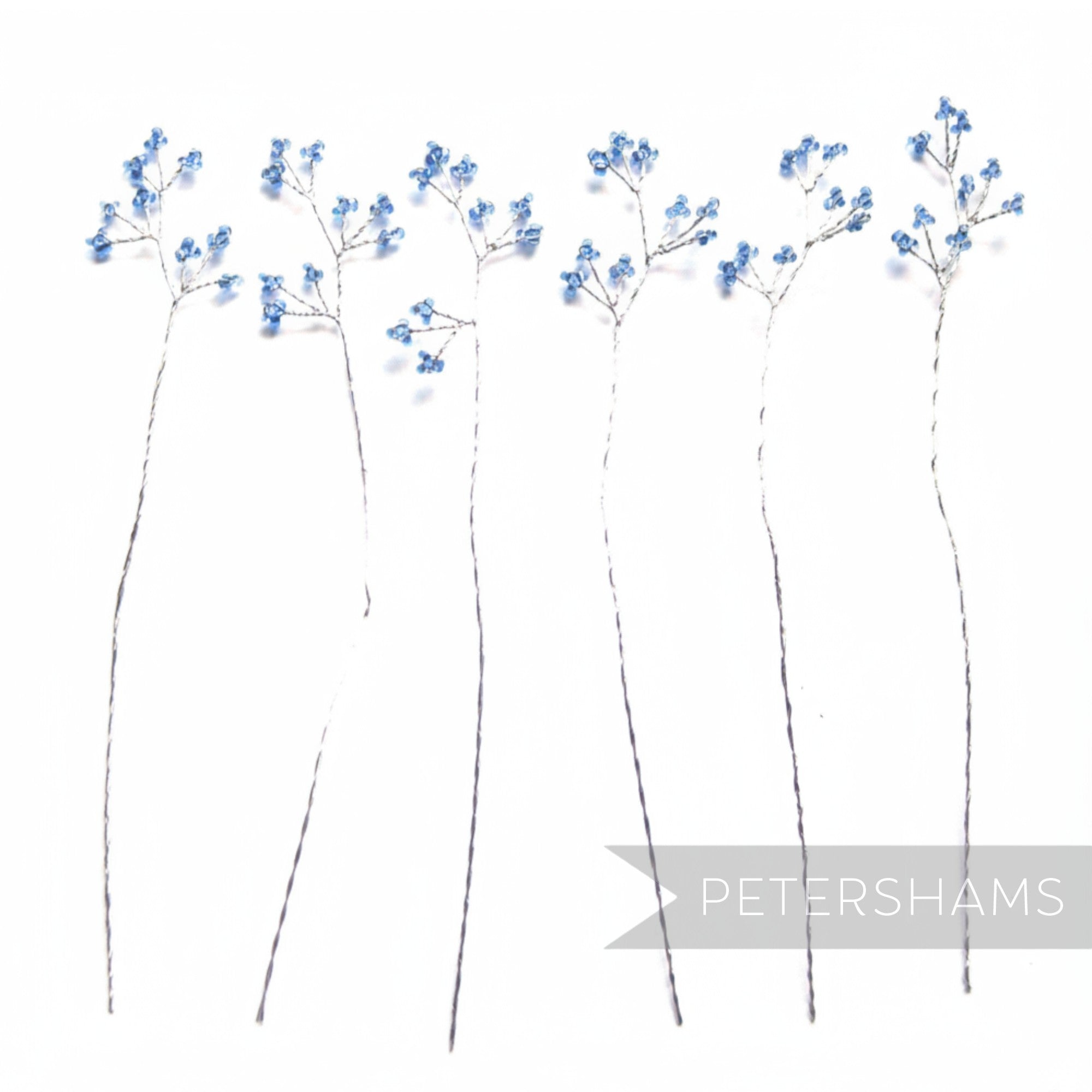 Petershams Millinery Supplies blue seed bead wired trees with silver wire stems, 6 stems, 16cm length.