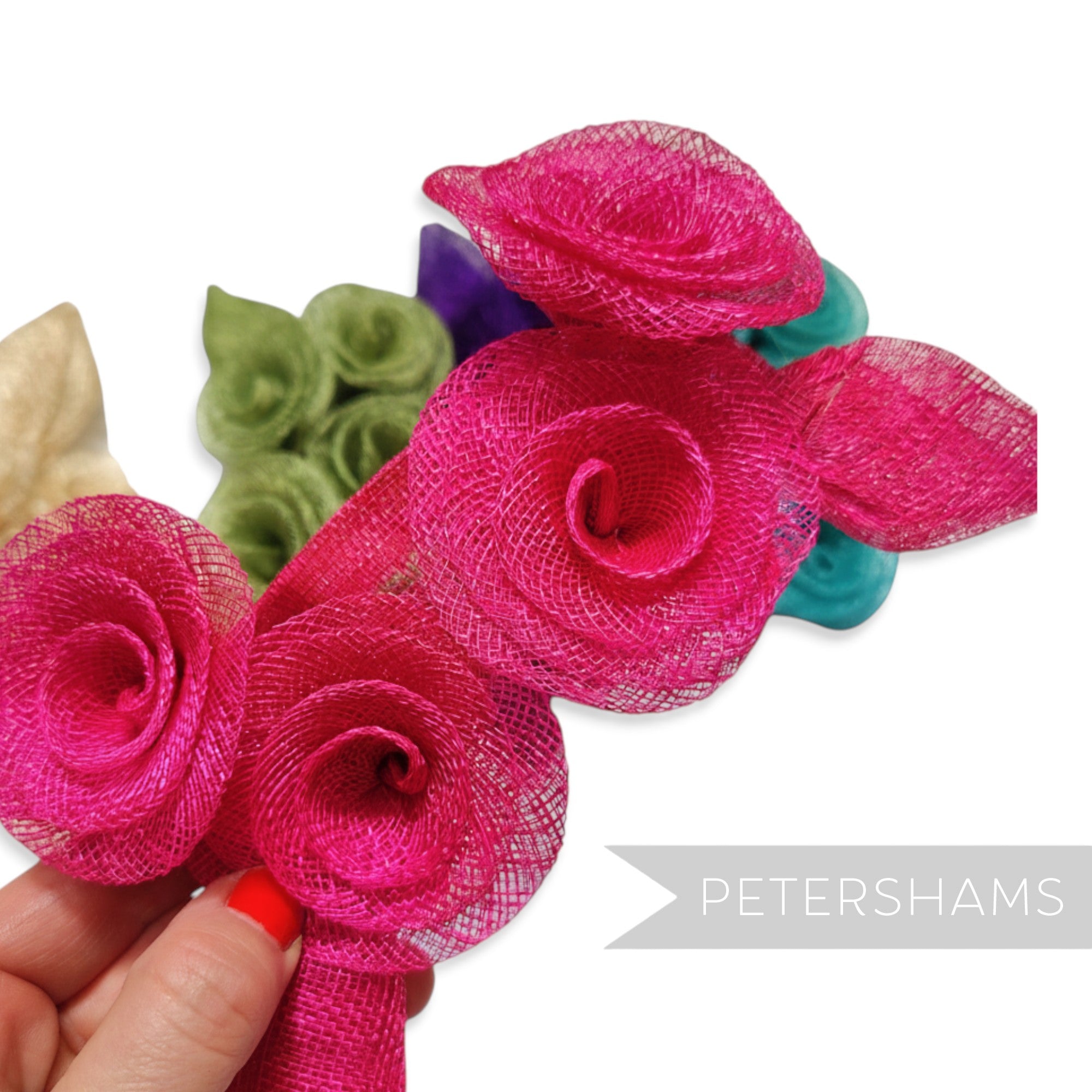 Petershams Millinery Supplies pack of 5 damaged sinamay Florence trims in assorted colours including fuchsia, green, purple, teal and cream.