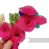 Petershams Millinery Supplies pack of 5 damaged sinamay Florence trims in assorted colours including fuchsia, green, purple, teal and cream.
