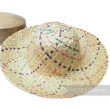 Petershams Millinery Supplies natural straw capeline hat body with pink, purple, and jade woven details. 11-inch brim.