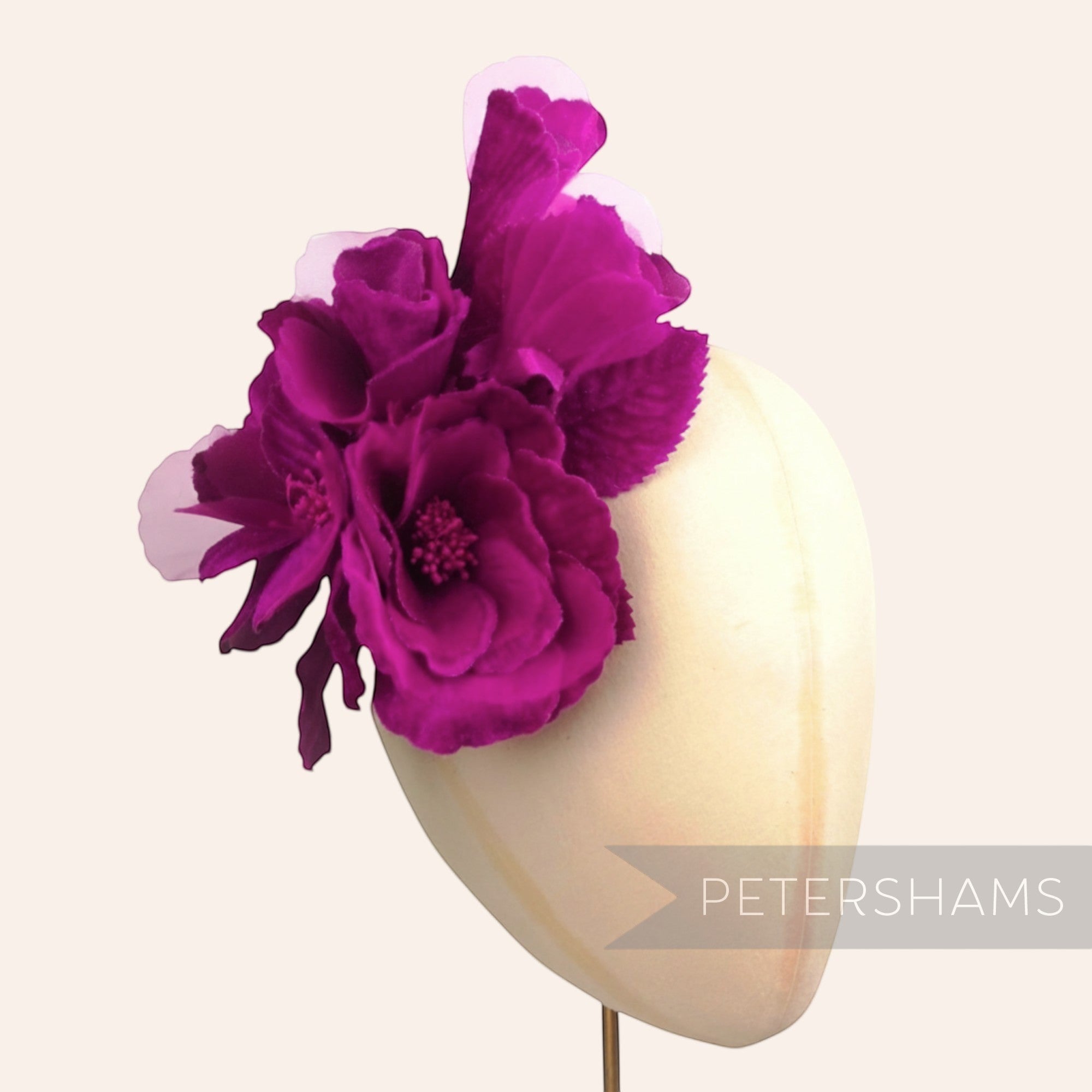Petershams Millinery Supplies large fuchsia velvet and organza flower hat mount with wired leaves, 20cm