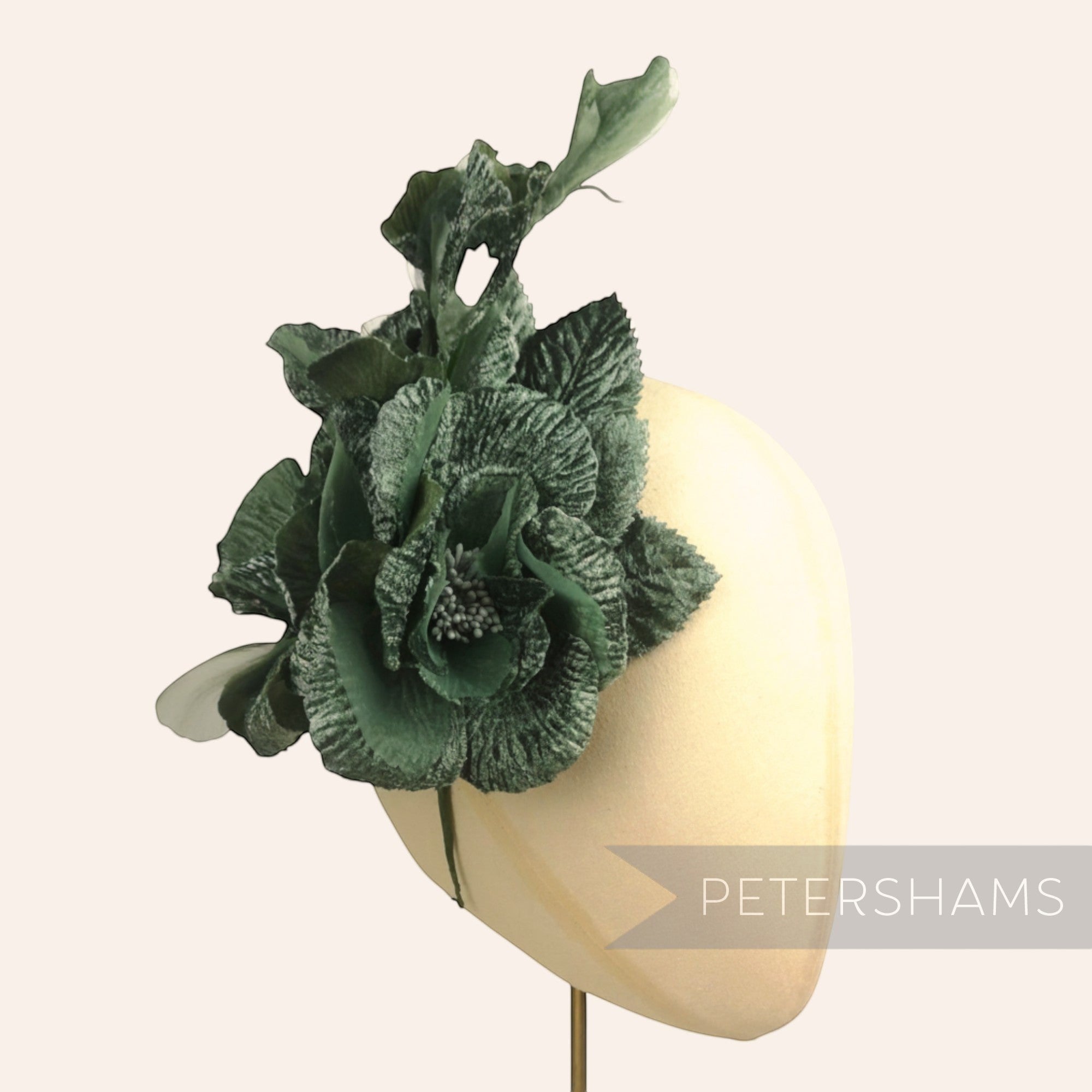 Petershams Millinery Supplies large dark green velvet and organza flower hat mount with wired leaves, 20cm.