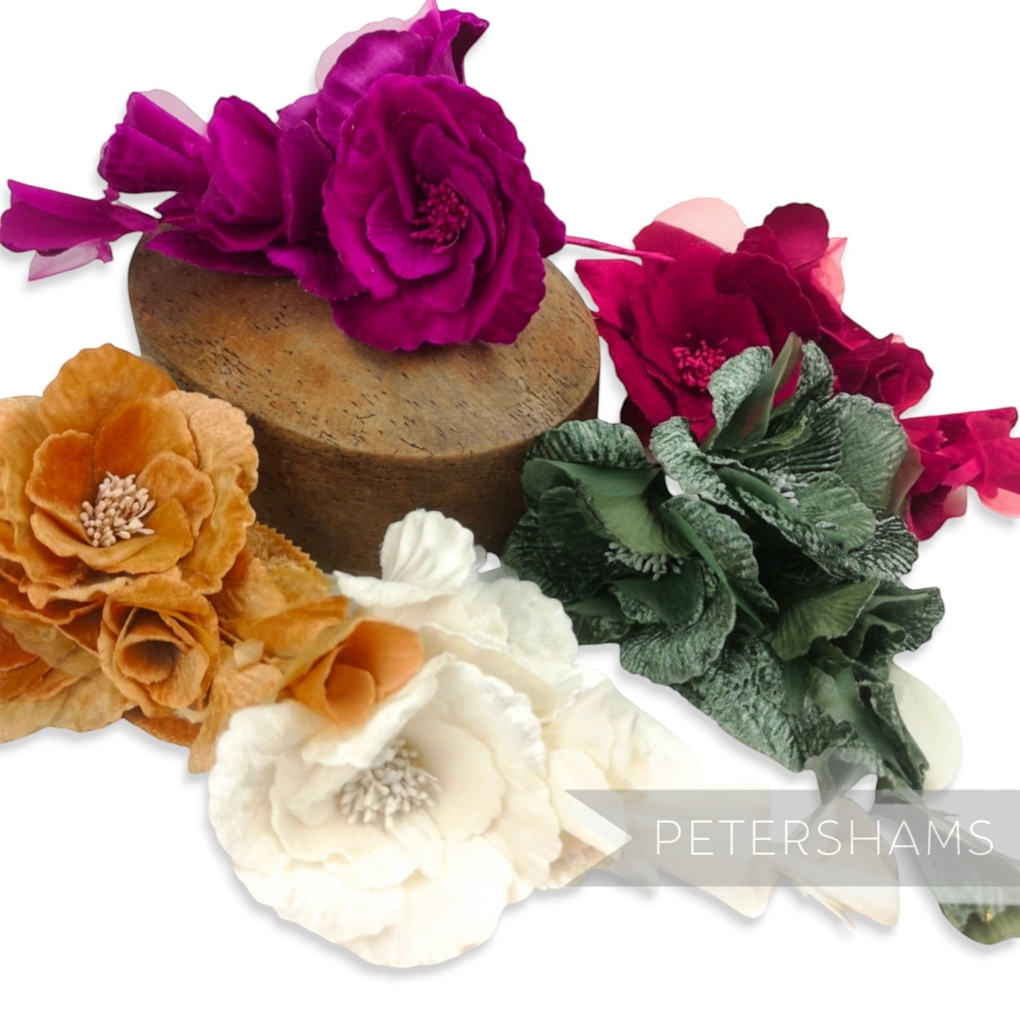 Petershams Millinery Supplies large ivory, orange, and magenta velvet flower hat mount with organza accents and wired leaves.