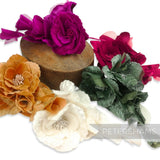 Petershams Millinery Supplies large ivory, orange, and magenta velvet flower hat mount with organza accents and wired leaves.