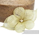 Petershams Millinery Supplies 'Sophie' hibiscus style sinamay flower mount in pale gold with sinamay leaves and stamens.