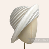 Petershams Millinery Supplies white crinoline and poly-braid hat base with rolled edge brim and striped texture.