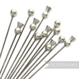 Petershams Millinery Supplies: Set of 12 extra long silver metal hat pins, 9.5cm, with plain round or decorative round heads.