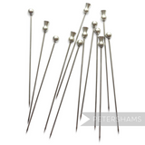 Petershams Millinery Supplies set of 12 extra long silver stainless steel hat pins, 9.5cm, with round or bell-shaped heads.