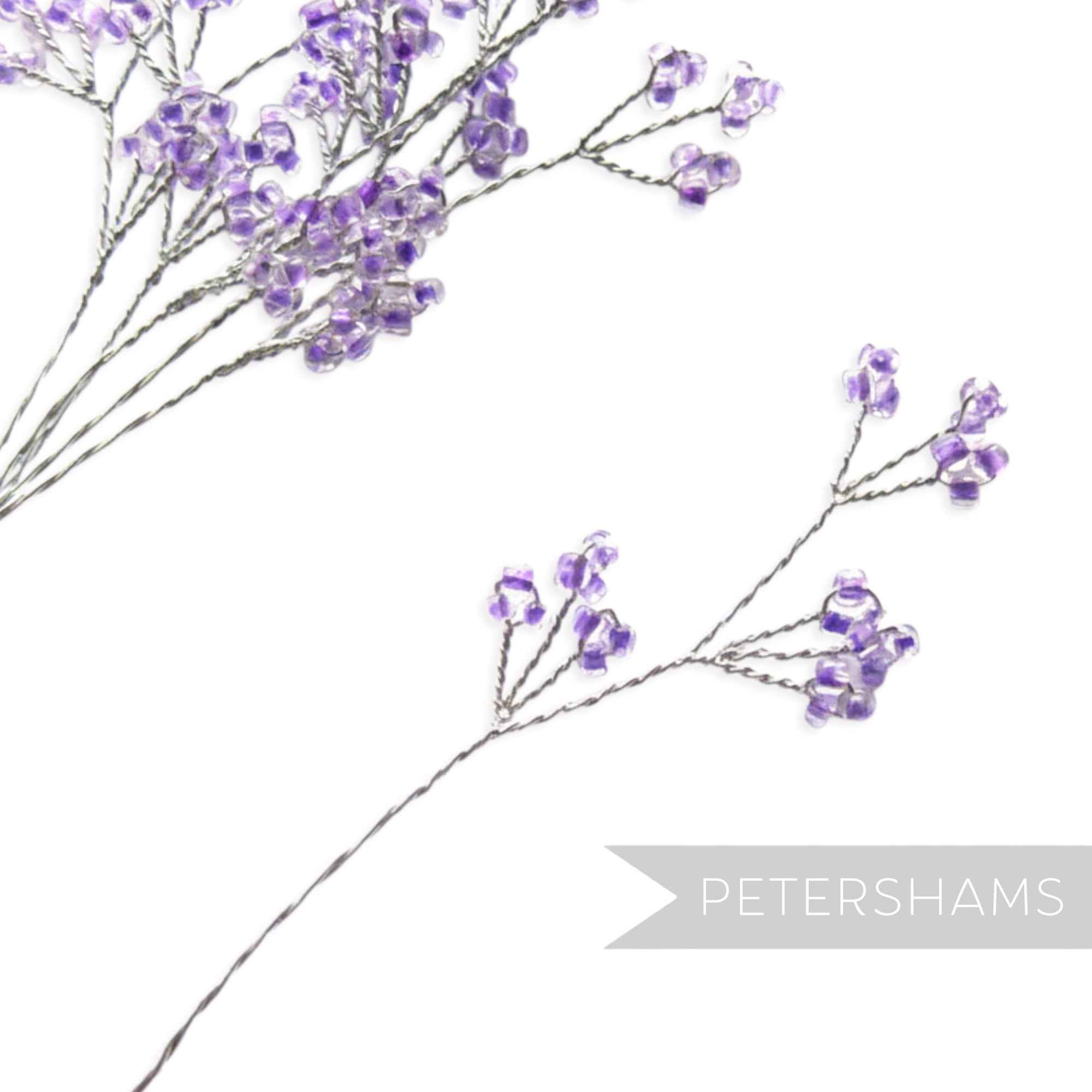 Petershams Millinery Supplies lavender seed bead wired stems with silver wire, ideal for fascinators and bouquets.