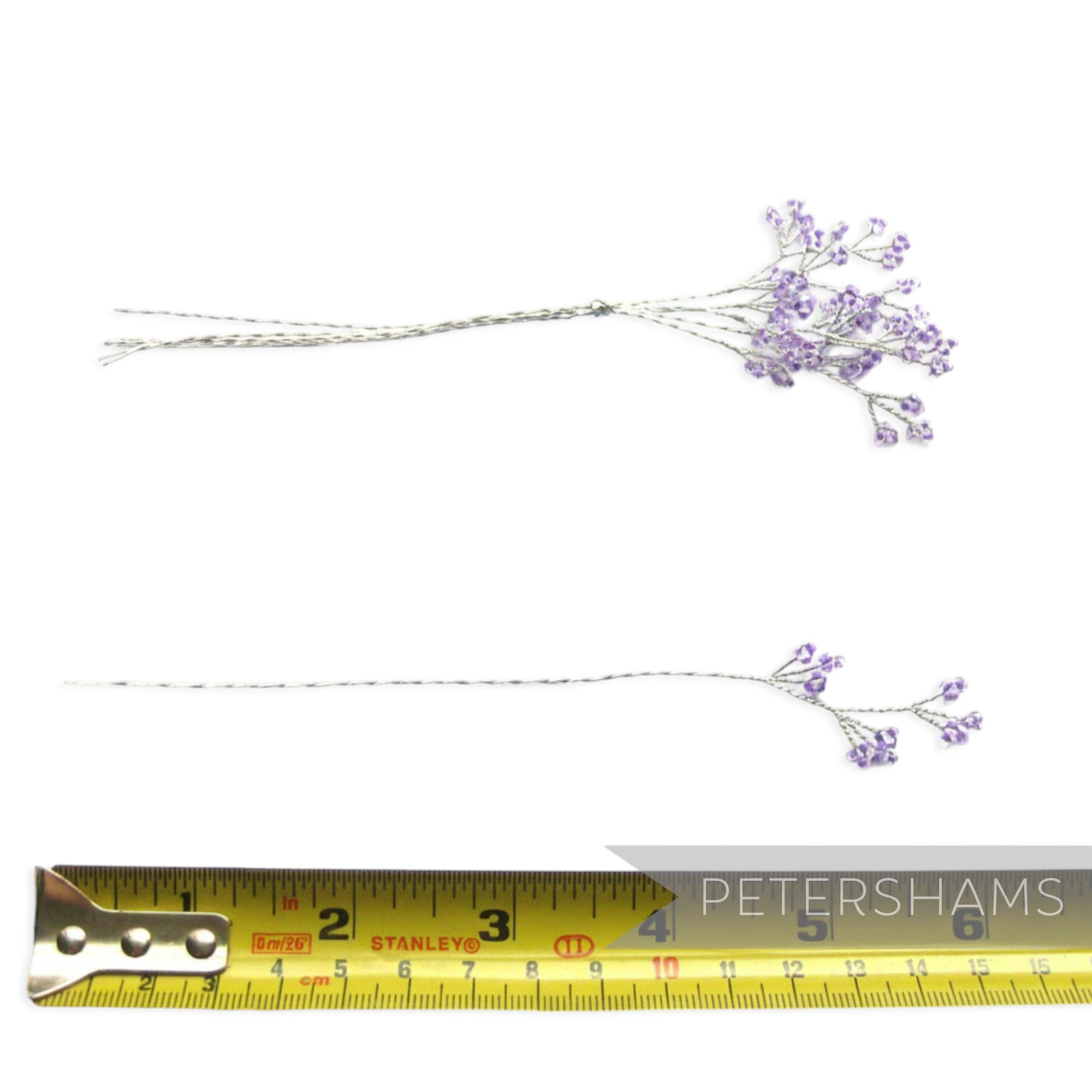 Petershams Millinery Supplies lavender seed bead wired trees on silver wire, 6 stems, 16cm length, for crafts and bouquets.
