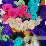 Petershams Millinery Supplies pack of 5 damaged sinamay Florence trims in assorted colours including pink, purple, green, cream, and teal.