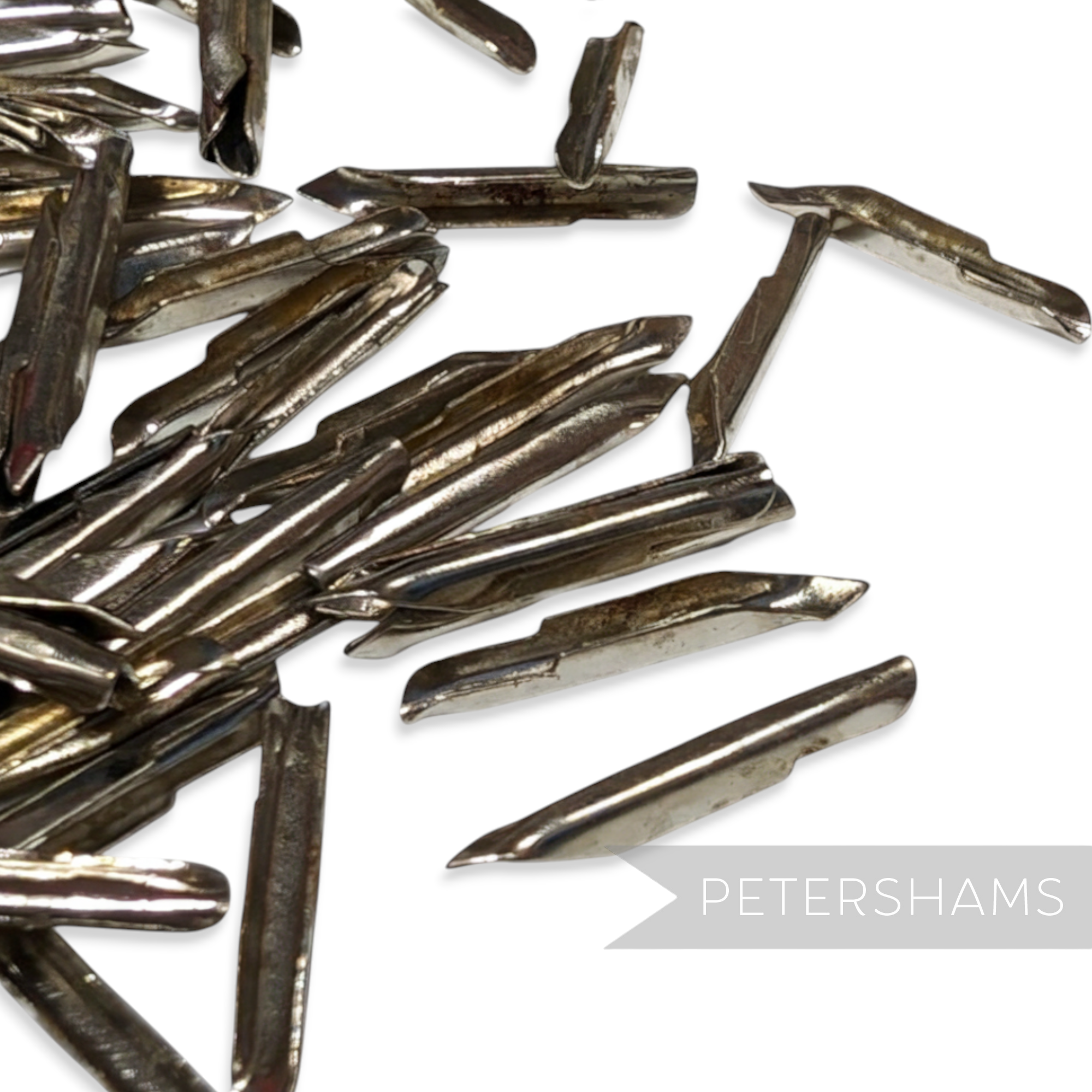 Petershams Millinery Supplies silver metal prongs for hat elastic, 17mm long, sold in 200-piece packs.