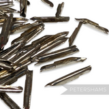 Petershams Millinery Supplies silver metal prongs for hat elastic, 17mm long, sold in 200-piece packs.
