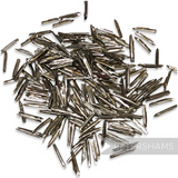 Petershams Millinery Supplies metal prongs for hat elastics, 17mm long, silver-toned metal.