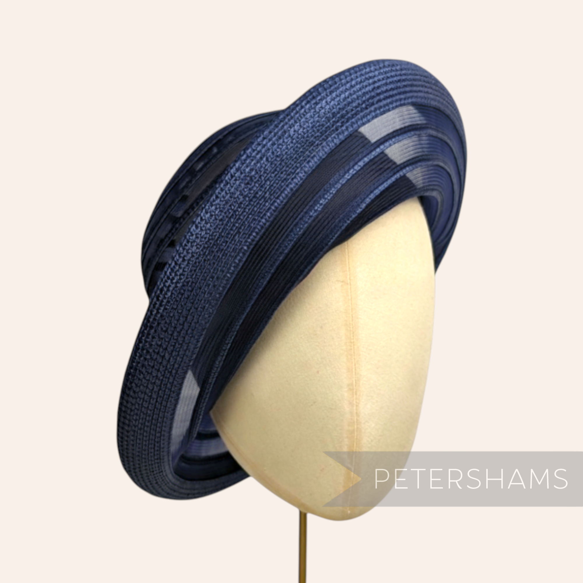 Petershams Millinery Supplies navy blue crinoline and poly-braid hat base with rolled edge brim. Vintage 1990s.
