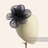 Petershams Millinery Supplies navy blue sinamay straw flower fascinator with flipped edge petals.