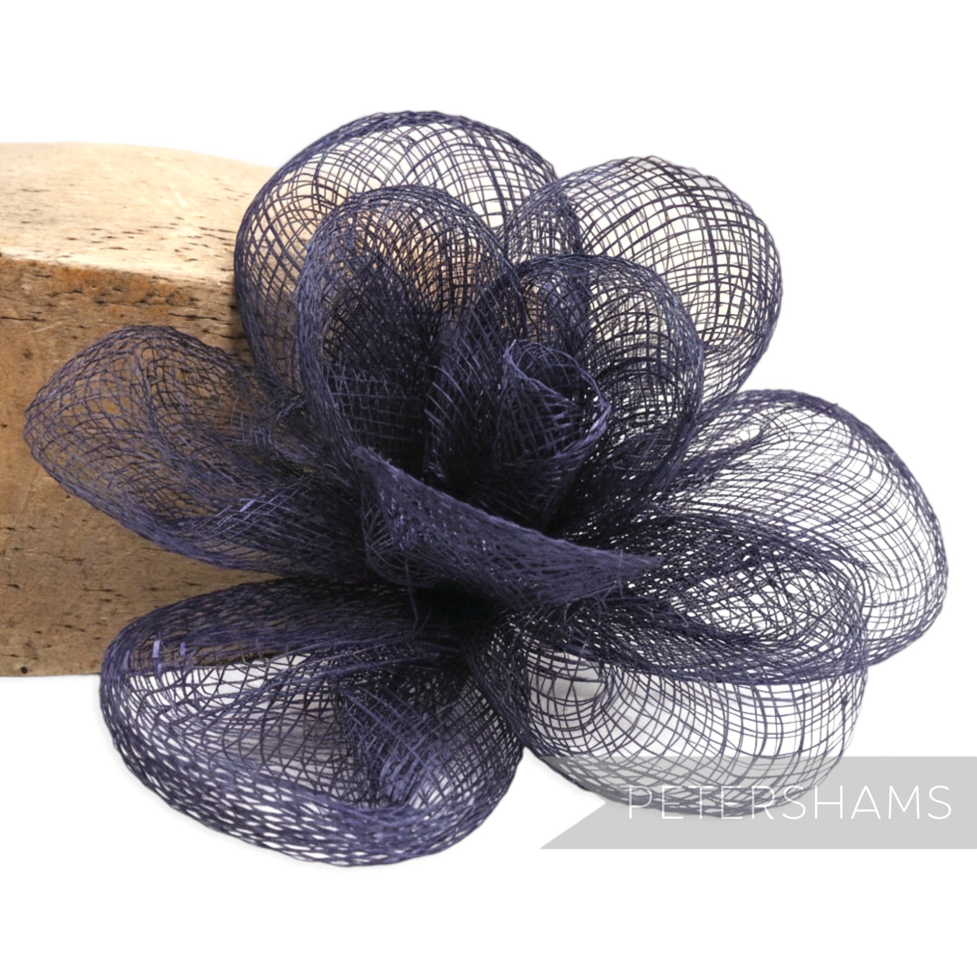 Petershams Millinery Supplies navy blue sinamay straw flower fascinator with flipped edge petals, 15cm wide.