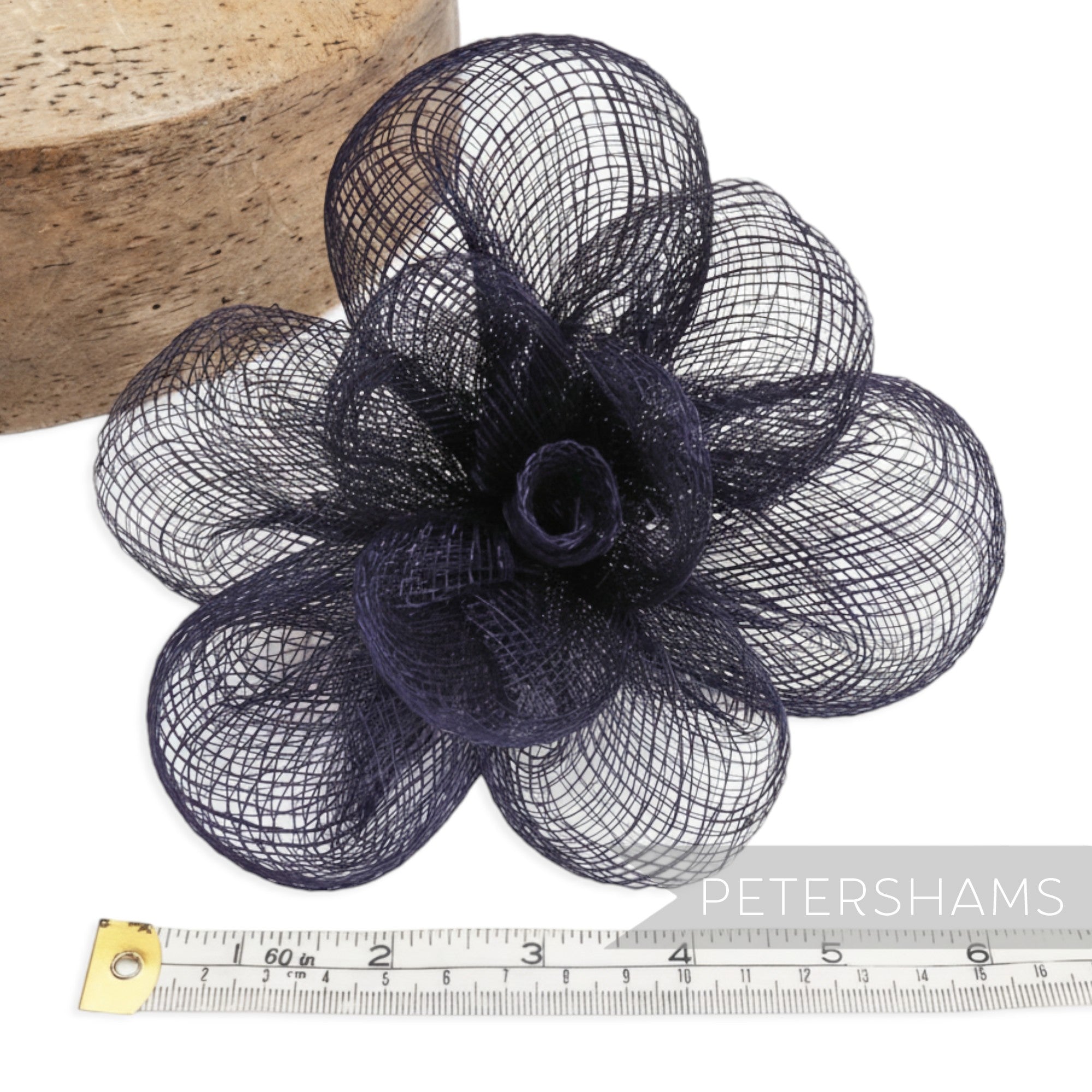 Petershams Millinery Supplies navy blue sinamay straw flower fascinator with flipped edge petals, 15cm wide.