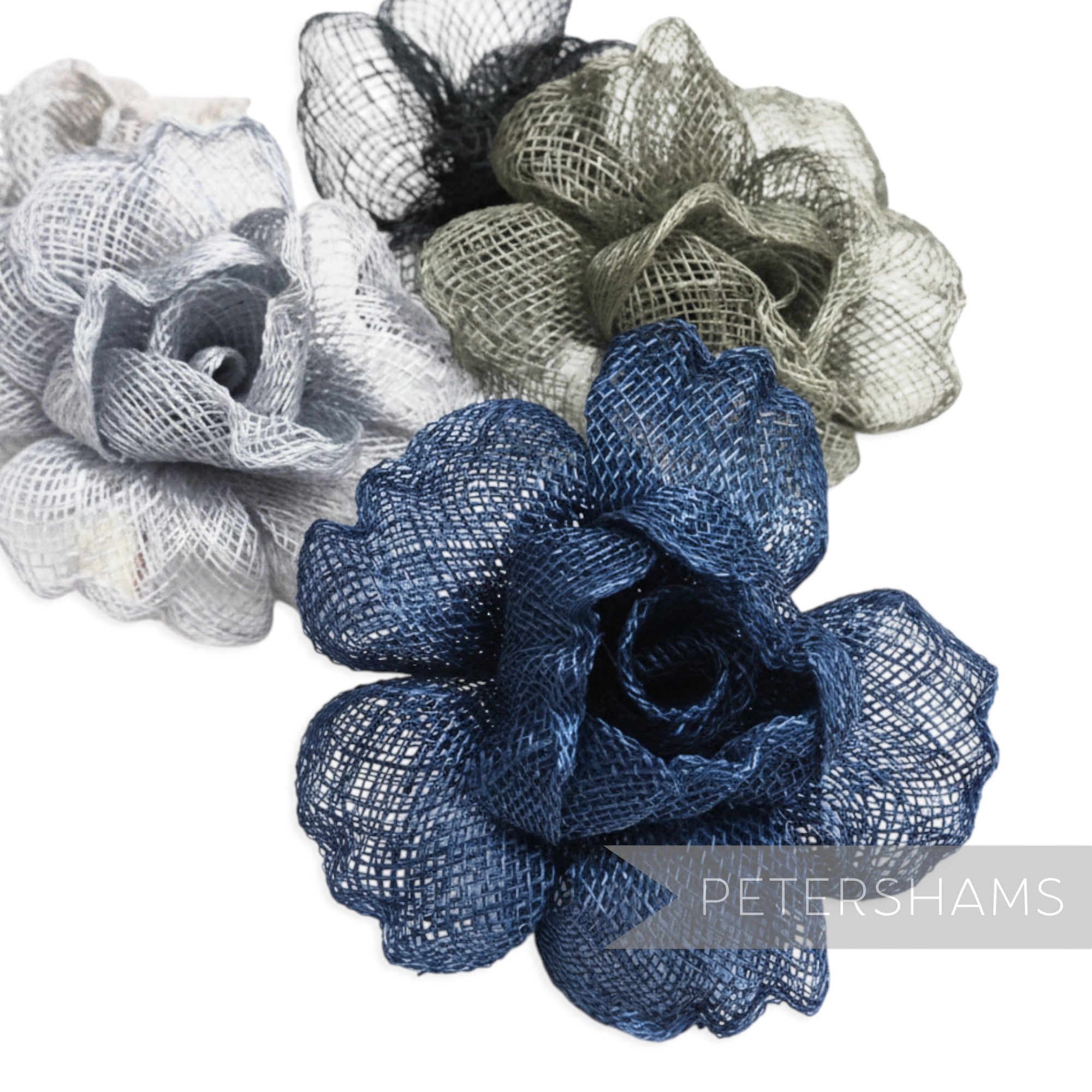 Petershams Millinery Supplies navy blue crimped sinamay flower hat mount, 9-10cm wide.