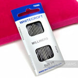 Petershams Millinery Supplies pack of 10 milliner needles, size 3/9, for sewing and embroidery. Silver metal needles in clear plastic packaging.