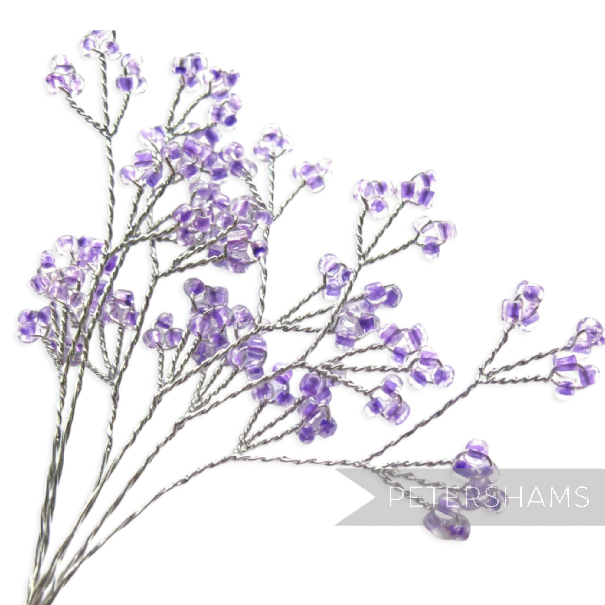 Petershams Millinery Supplies purple seed bead wired tree stems with silver wire, 16cm long, for crafts and bouquets.