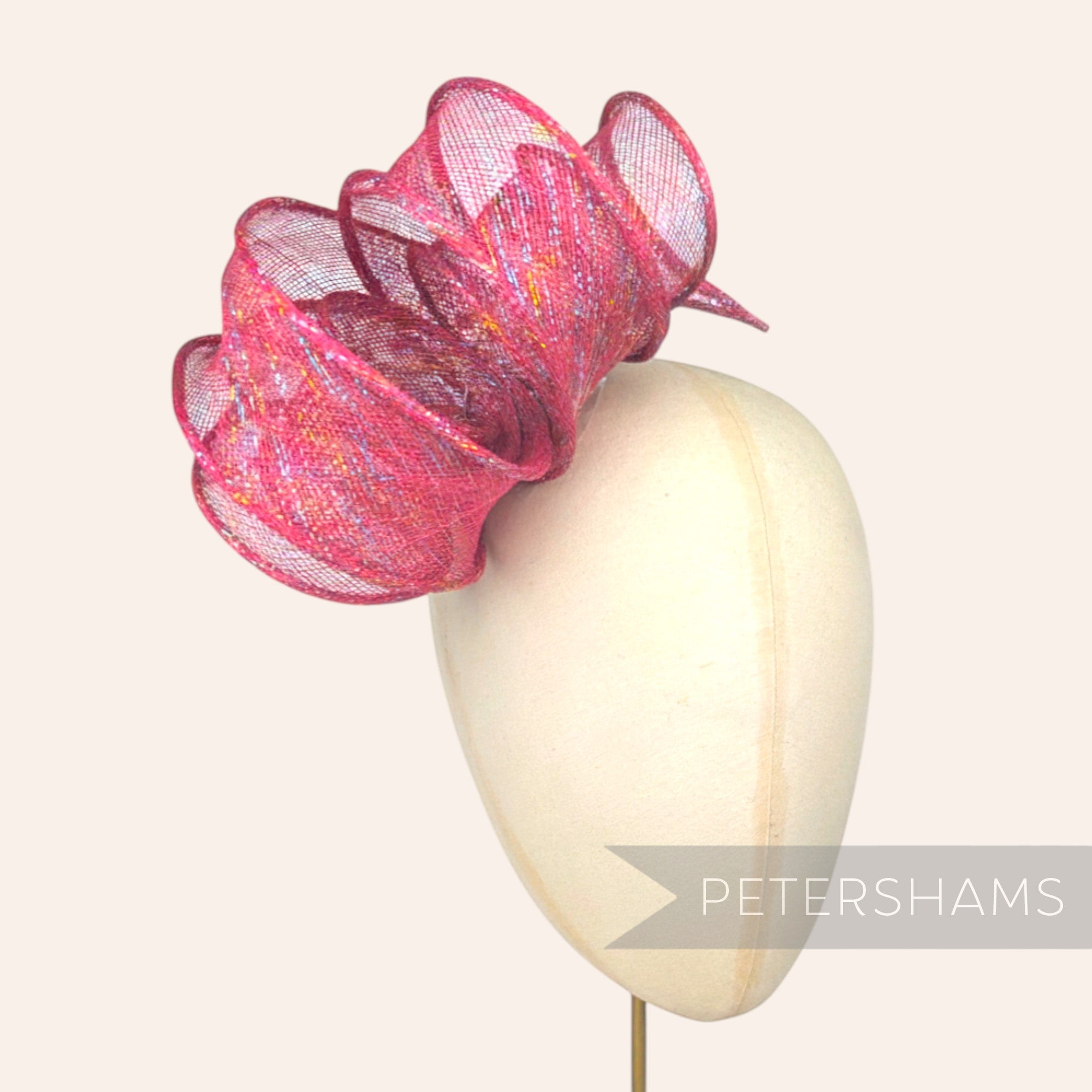 Petershams Millinery Supplies pink lurex sinamay ribbon trim with metallic rainbow threads, hand-rolled edges, tapered ends.