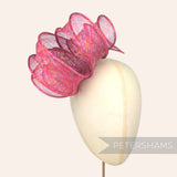 Petershams Millinery Supplies pink lurex sinamay ribbon trim with metallic rainbow threads, hand-rolled edges, tapered ends.