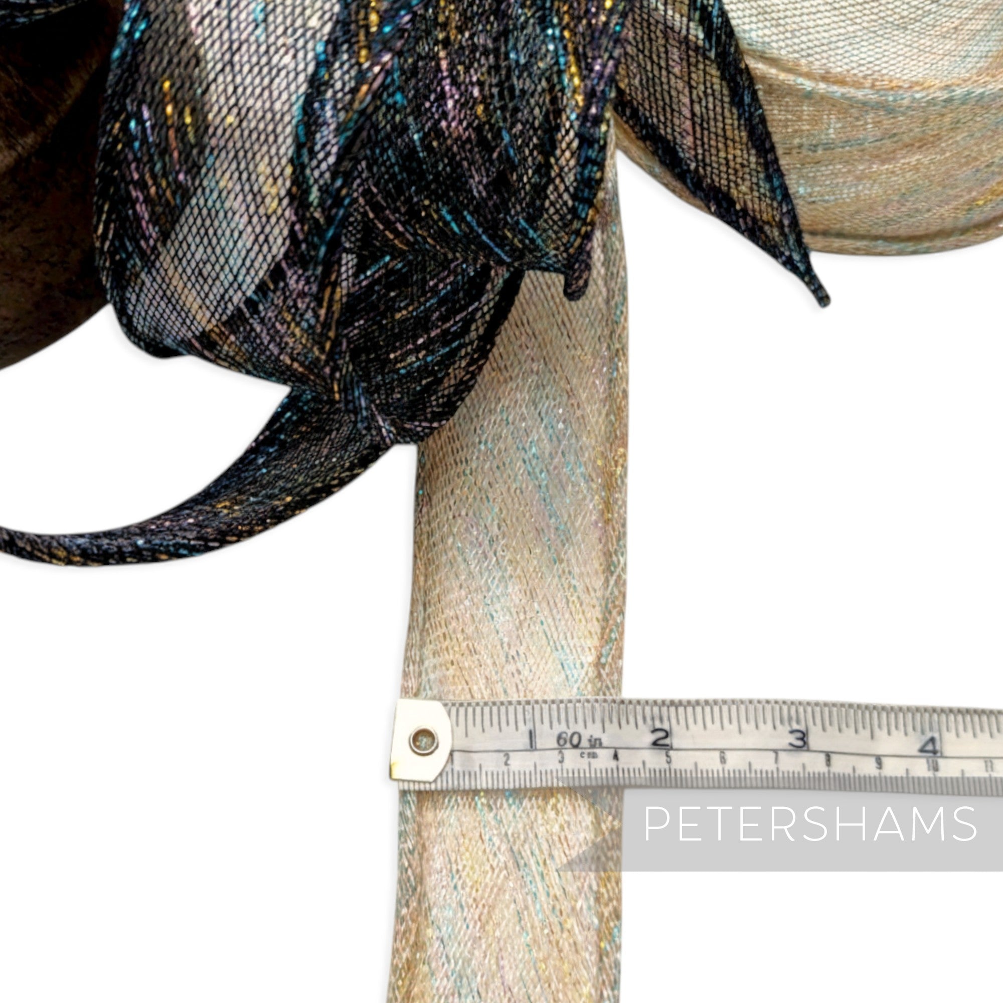 Petershams Millinery Supplies black and gold lurex sinamay ribbon with rainbow metallic threads, hand-rolled edges.