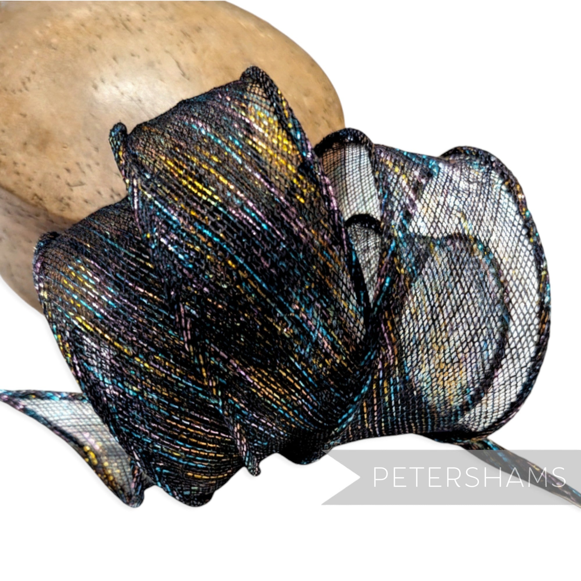 Petershams Millinery Supplies black sinamay ribbon with rainbow lurex threads, hand-rolled edges, tapered ends, 4-5cm wide.