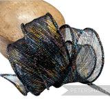 Petershams Millinery Supplies black sinamay ribbon with rainbow lurex threads, hand-rolled edges, tapered ends, 4-5cm wide.