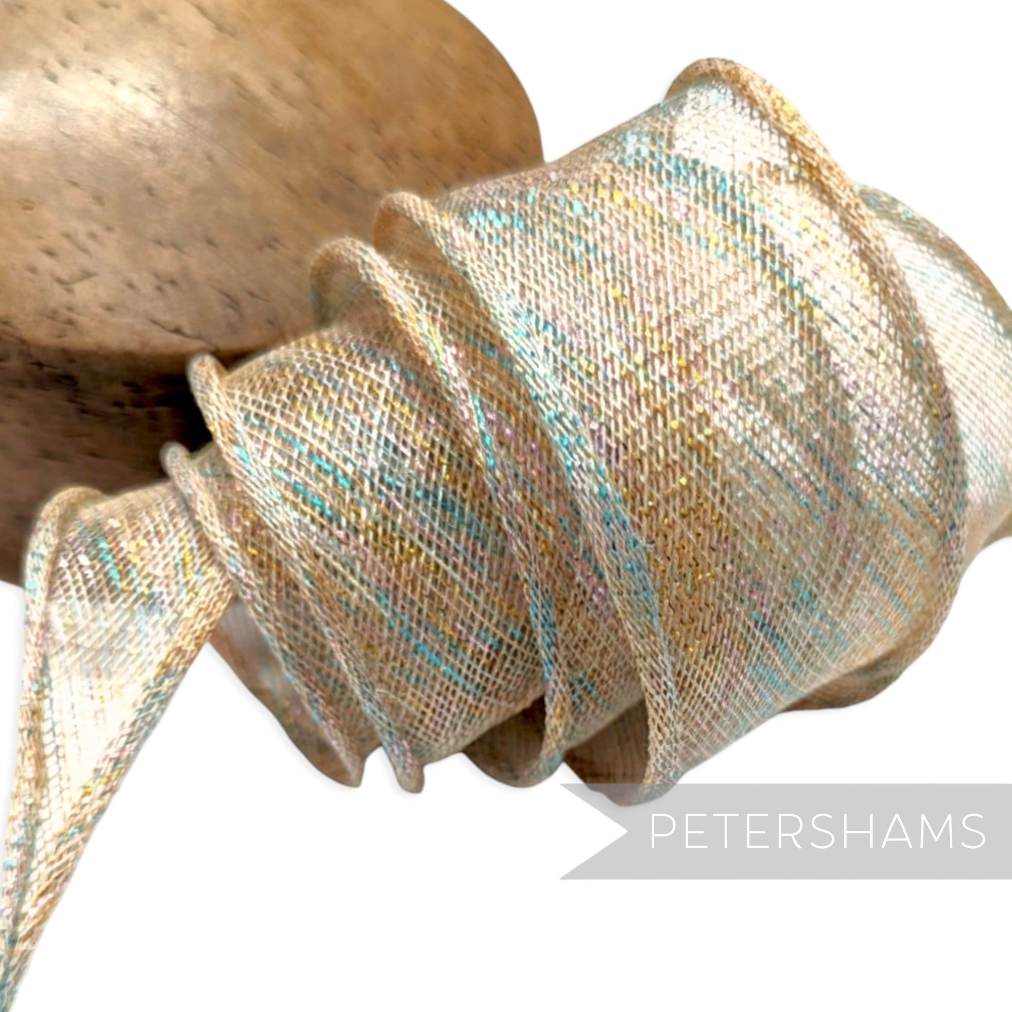 Petershams Millinery Supplies rainbow lurex sinamay ribbon with hand-rolled edges and metallic threads, perfect for hat trims.