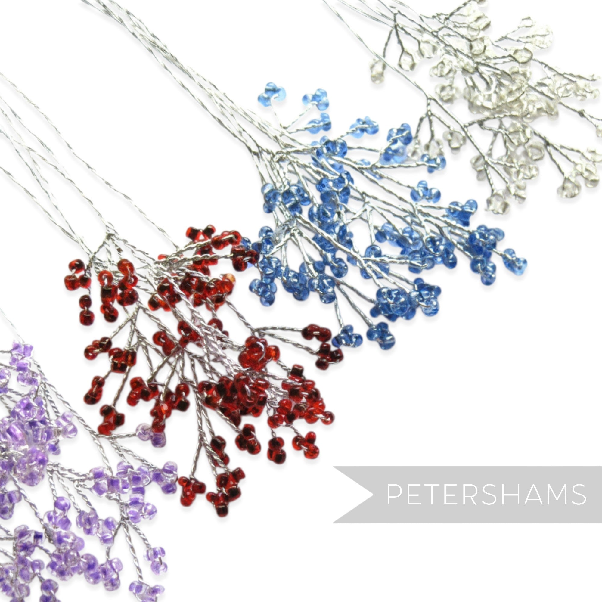 Petershams Millinery Supplies wired seed bead stems in red, blue, clear, and purple. 6 stems for crafts.