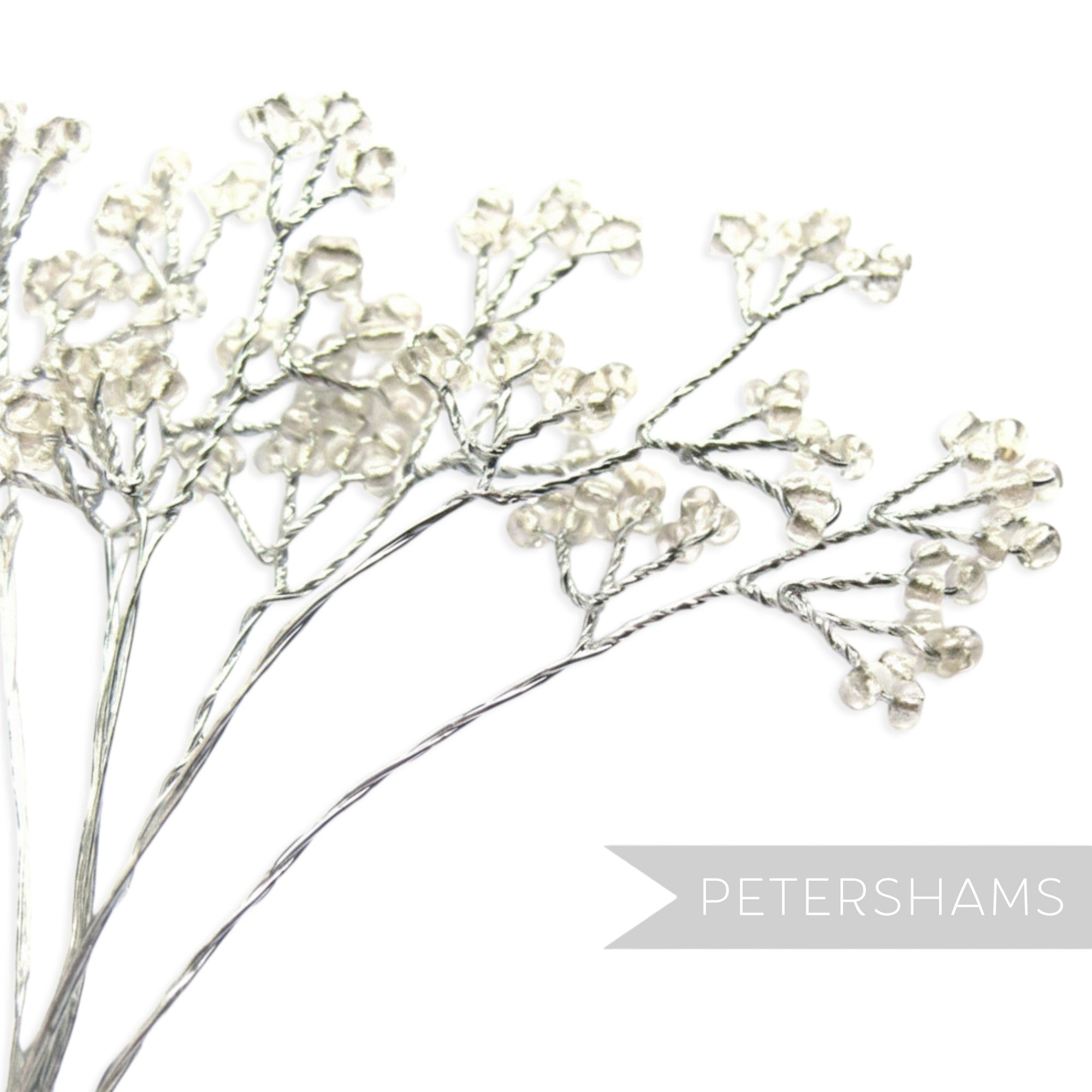 Petershams Millinery Supplies clear seed bead wired stems with silver wire, ideal for fascinators and bouquets.
