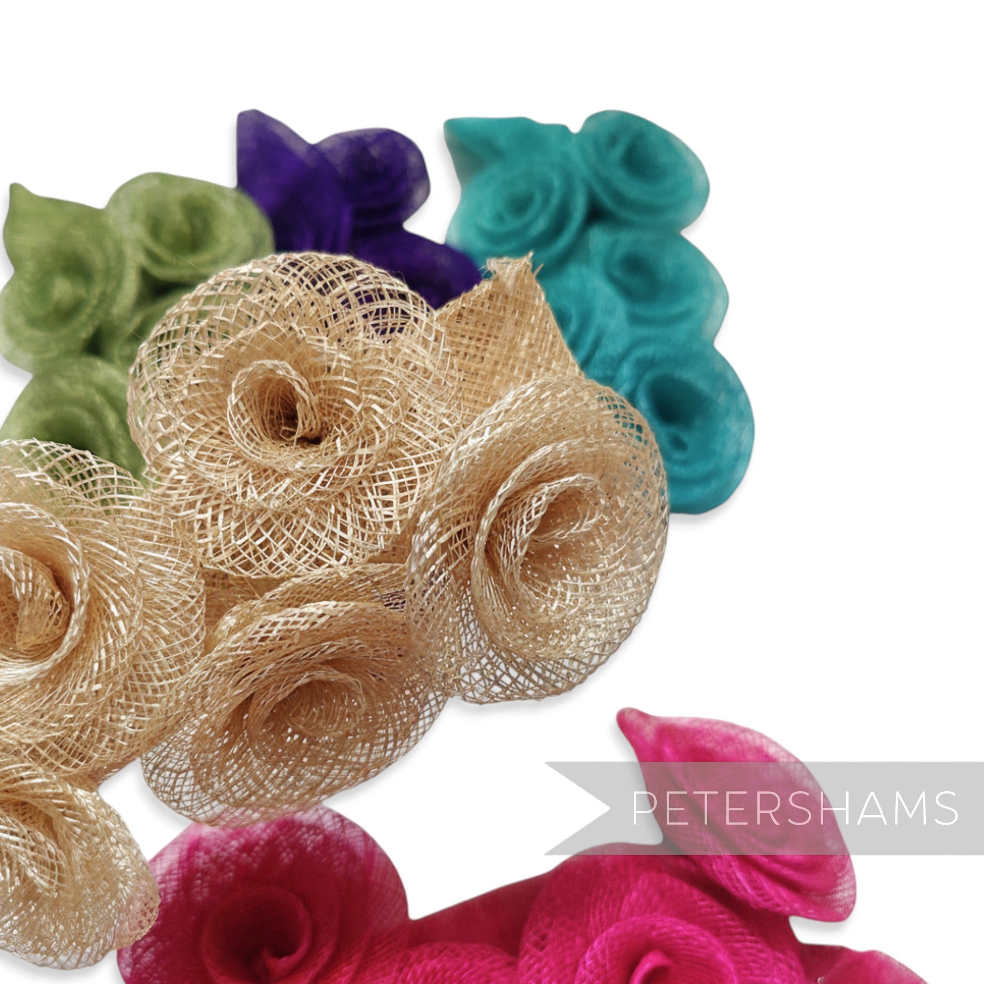 Petershams Millinery Supplies lucky dip pack of 5 damaged sinamay Florence trims in assorted colours including beige, pink, green, purple and teal.