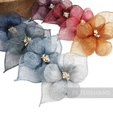 Petershams Millinery Supplies hibiscus sinamay flower mount with leaves and stamens in navy, grey, blue, burgundy, red, and orange.