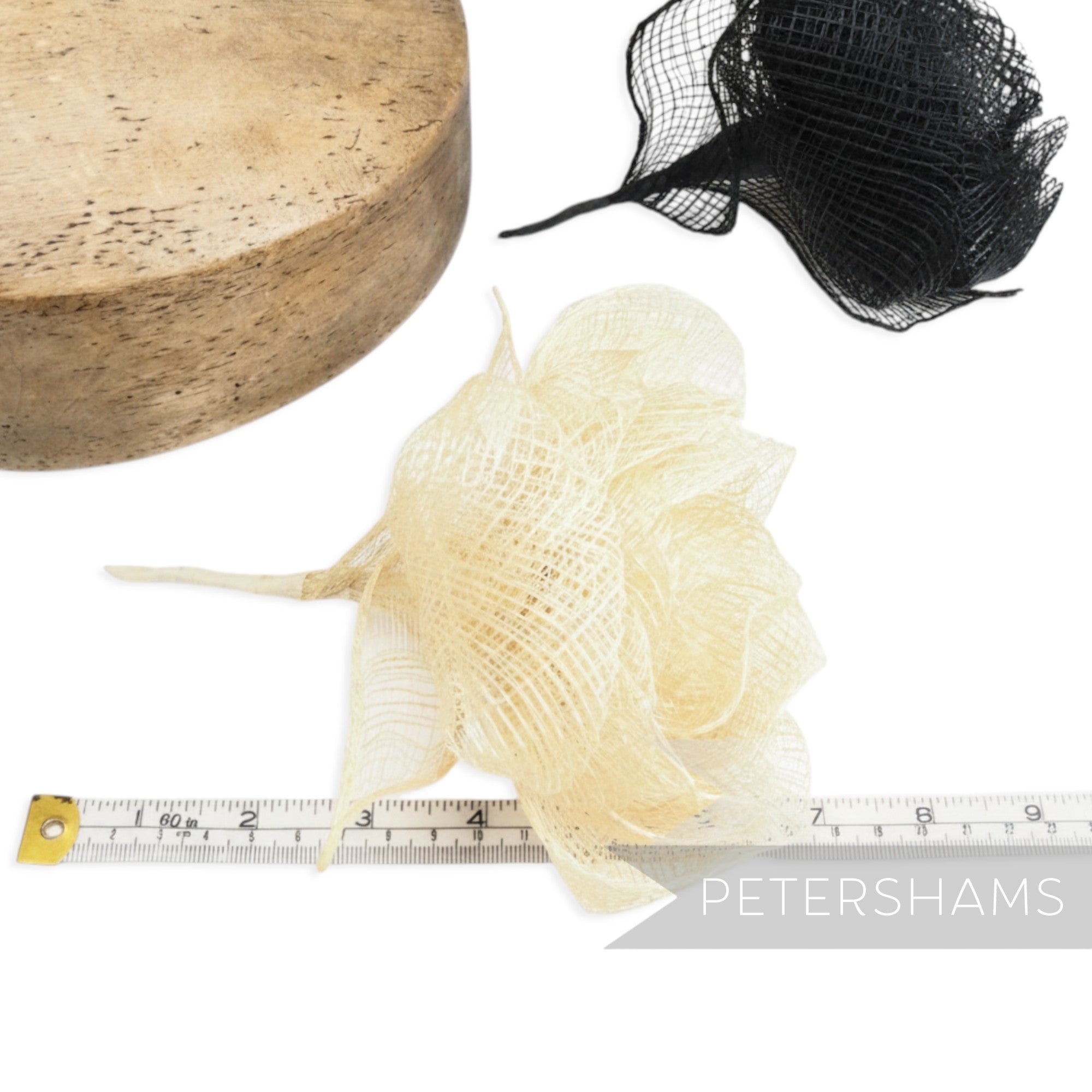 Petershams Millinery Supplies 'Valentina' large sinamay cabbage rose flower mount in black and cream with wired stem and leaf.