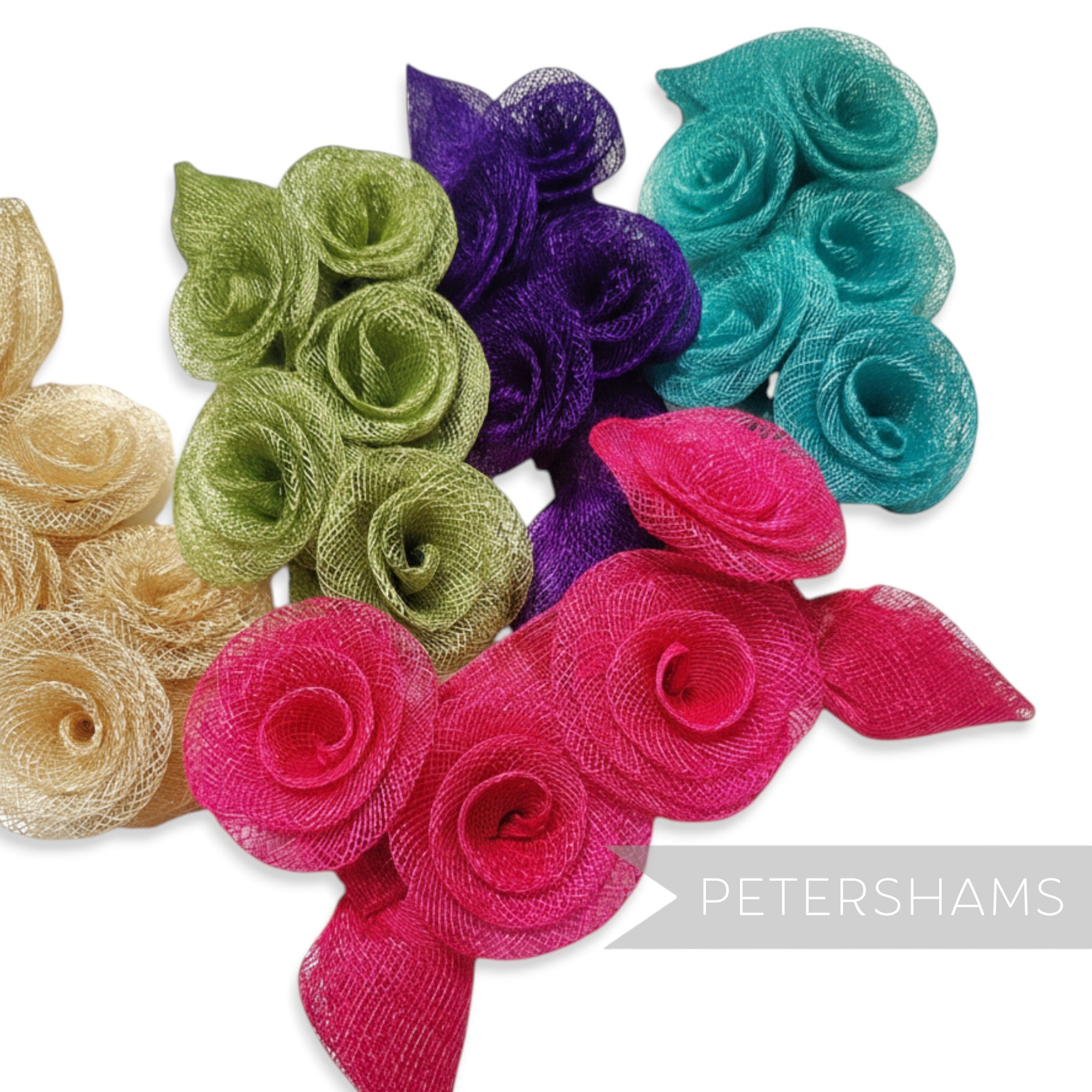 Petershams Millinery Supplies lucky dip sinamay trims in assorted colours: gold, lime green, purple, teal, and hot pink. Pack of 5.