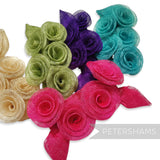 Petershams Millinery Supplies lucky dip sinamay trims in assorted colours: gold, lime green, purple, teal, and hot pink. Pack of 5.